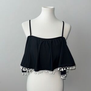Black and White Pom-Pom Trim Off Shoulder Swim Suit Bikini Top Women's Large